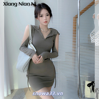 Xiang NIAN NI Girl Agent Rỗng Dây Đeo Sau Thiết Kế Có Mũ Trùm Đầu Gợi Cảm Pure Desire Hot Girl Hip-covering Váy Ngắn