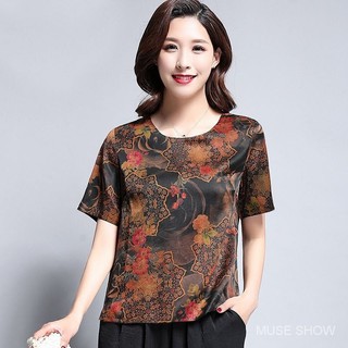 Áo thun lụa băng dáng rộng phong cách phương Tây Áo thun mỏng dáng rộng phong cách mới In lụa băng nữ tay ngắn Top 2020 Áo thun phù hợp cỡ lớn dành cho người cao tuổi trung niên thời trang mùa hè ngắn-