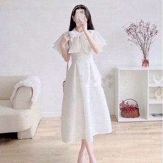  Váy Công Chúa đính Nơ Tay Bèo Cánh Tiên Chất Voan Dáng Dài Màu Trắng Đầm Dự Tiệc Dáng Xòe Cổ Nơ đi Chơi HOTTREND SEE 