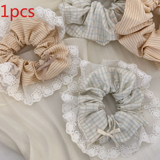 Phong Cách Hàn Quốc Tươi Sọc Ren Cạnh Scrunchy Tóc Nữ Tính Cảm Thấy Làm Mới Bóng Dây Tóc Mũ Đội Đầu