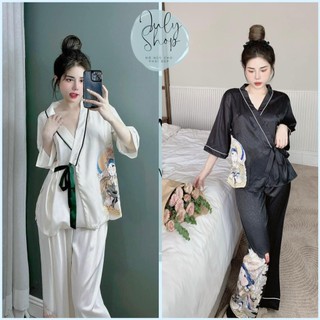 Đồ ngủ july, đồ bộ nữ kimono truyền thống cột nơ chất liệu lụa xước freesize