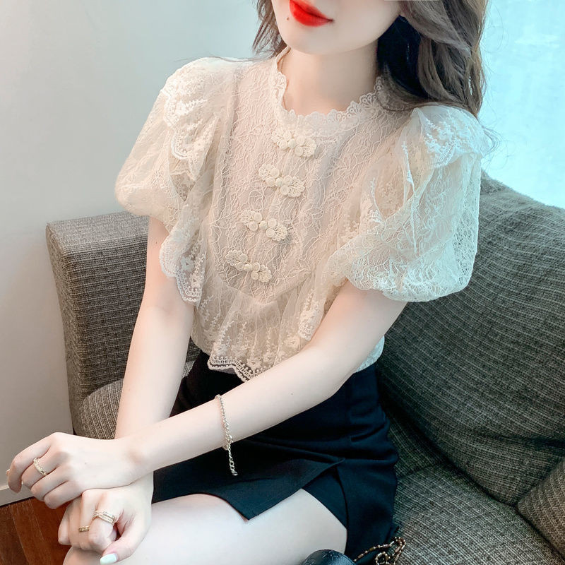 Áo Sơ Mi Voan Tay Ngắn Nữ Cao Cấp Cảm Giác Nút 2023 Phong Cách Mới Mùa Hè Thời Trang Tay Phồng Ren Top