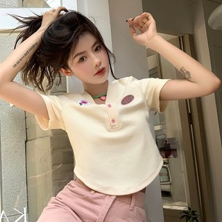 Áo thun Cotton nguyên chất mùa hè phong cách mới Slim-fit cổ chữ V thêu ngắn