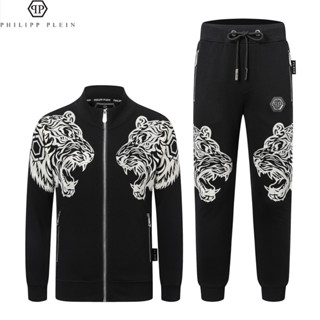 (Sản xuất tại Quảng Châu, Trung Quốc) Chất lượng cao Philipp PLEIN Philip Suit PP Suit Phiên bản Hàn Quốc Hợp thời trang Trang phục đường phố chất lượng cao Áo khoác nam PP Bộ đồ thường ngày Slim-fit White Tiger Hot Diamond Design Style 66659