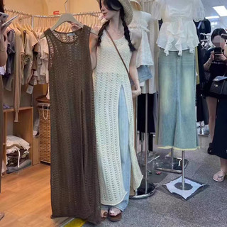 Balamy Mùa Hè Phong Cách Mới Phong Cách Hàn Quốc Đi Lại Retro Cổ Tròn Thiết Kế Cảm Thấy Rỗng Đan Dệt Kim Đầm Quần Áo Nữ