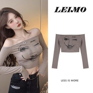 Thiết kế Sense Một Vai Top Nữ Ngắn In Hình Gợi Cảm Skinny Dài Tay
