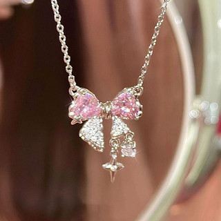 【CF】Dây Chuyền Mặt Nơ Đính Đá zircon Màu Hồng Sang Trọng Đơn Giản