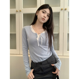 Áo coquette tay dài Áo ôm body Áo thun dài tay khâu ren áo sơ mi đáy mỏng
