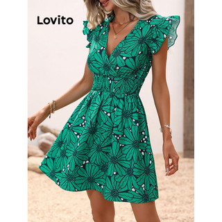 Đầm Lovito vải gân xếp nếp họa tiết hoa phong cách Boho dành cho nữ LSE01059