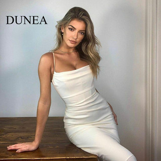 Dunea Gợi Cảm Sling Backless Slim Fit Trắng Bodycon Midi Slip Dress
