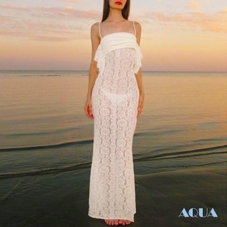 Anana-nữ Mùa Hè Dài Cami Đầm Trắng Không Tay Lưng Sheer Ren Đầm Dự Tiệc