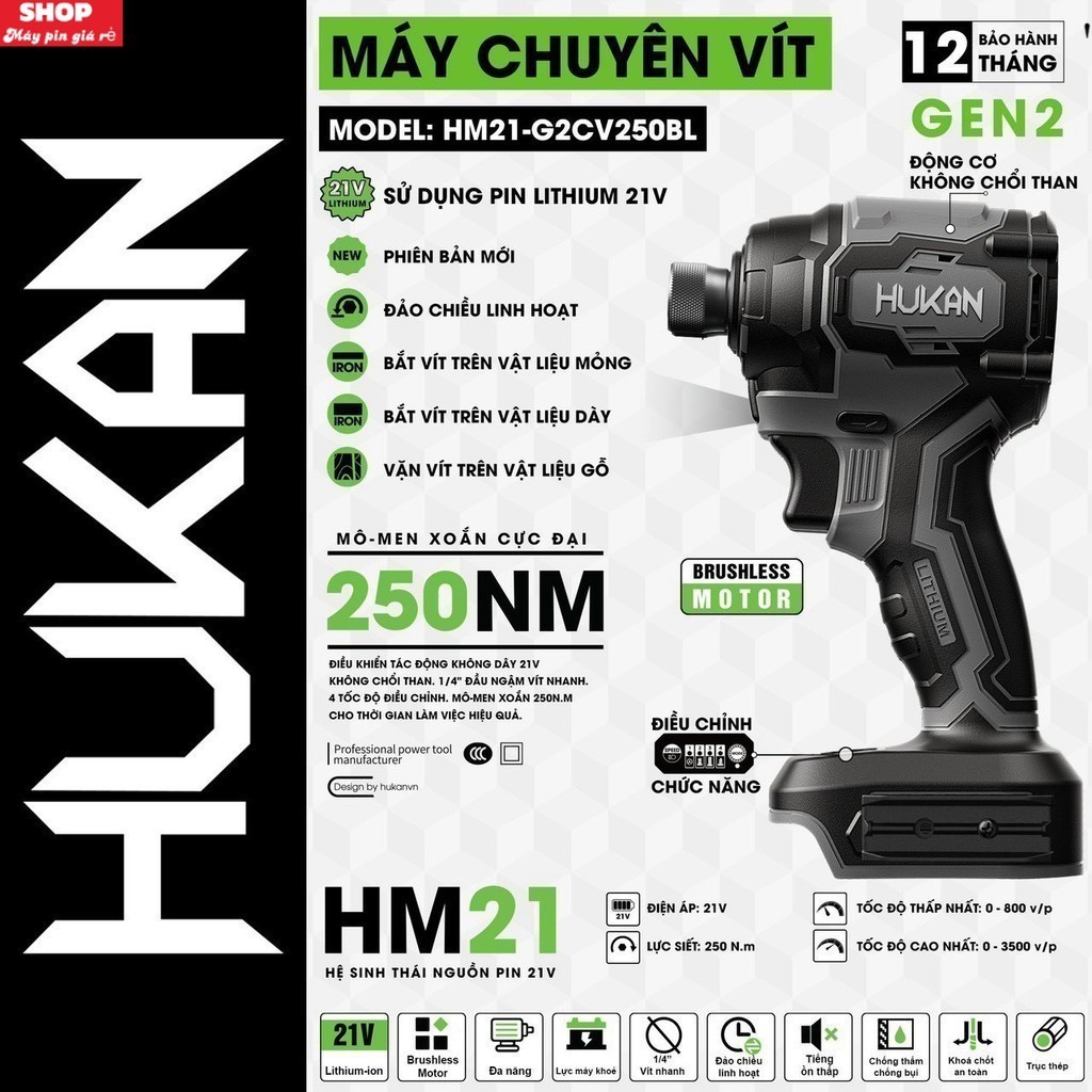 [GEN2] Chuyên Vít Hukan 250N.m / Thân máy bắn vít pin 21V Hukan HM21-G2CV250BL chính hãng . SHOP MÁY GP