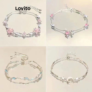  Vòng tay Lovito kiểu mặt trăng nơ hoa đính đá zircon phong cách lãng mạn cho nữ LFA12539
