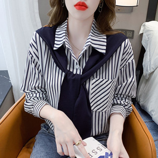Phiên Bản Hàn Quốc Giả Khăn Choàng Hai Mảnh Áo Sơ Mi Nữ Xuân Thu Tính Khí Rời Ôm Hơn Nhìn Áo Sơ Mi Thiết Kế Sọc Tay Dài