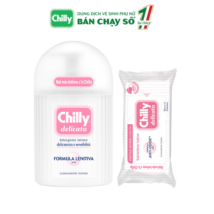 Combo Chilly Delicato Dung dịch vệ sinh phụ nữ 200ml + Khăn lau phụ khoa gói 12 tờ dưỡng mềm mại sạch dịu êm