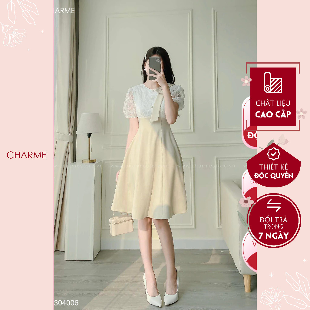 Váy nơ vai phối ren Charme 304006