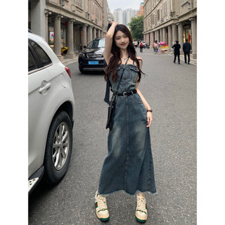 2024 Denim Mỏng Hơn Nhìn Thiết Kế Đầm Cô Gái Nóng Viền Mùa Xuân Frayed Ống Top Váy Dài Eo Nẹp Phong Cách Mới VLTR