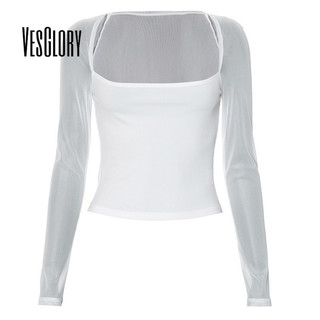Vesglory Nữ Màu Trơn 2024 Thời Trang Mới Cổ Vuông Tay Dài Lưới Mỏng Nối Top