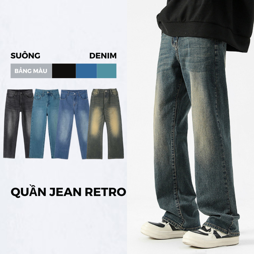 Quần jean nam mài dáng baggy rộng WASH 2 màu đen xanh trơn basic ống suông form rộng Định Công Store MQU 048