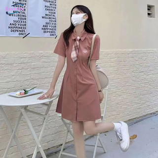 Váy ngắn tay cổ búp bê phong cách Pháp dành cho nữ với quần áo mùa hè, thiết kế thích hợp, eo thon gọn, váy dài phong cách đại học