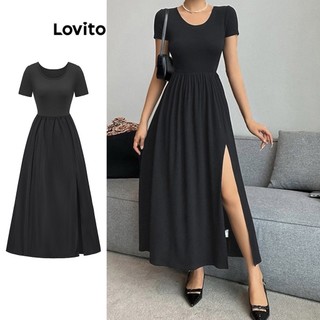 Đầm Lovito xếp nếp vải khâu xẻ tà màu trơn thanh lịch cho nữ L65ED152 (màu đen)