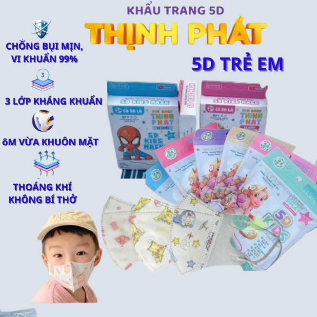 Khẩu trang 5D Kids Khẩu Trang Trẻ Em Thịnh Phát chính hãng (hộp 100 chiếc) ngăn giọt bắn, vi khuẩn, khói bụi, tia UV