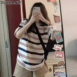 Áo thun nữ DUOHANZI Mùa hè mới dáng rộng phong cách Hàn Quốc Áo thun sọc ngắn tay