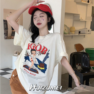 Huizumei Nữ In Hình Hoạt Hình Áo Thun Nữ Tay Ngắn Phong Cách Hàn Quốc Mới Rời Cổ Tròn Cổ Tròn