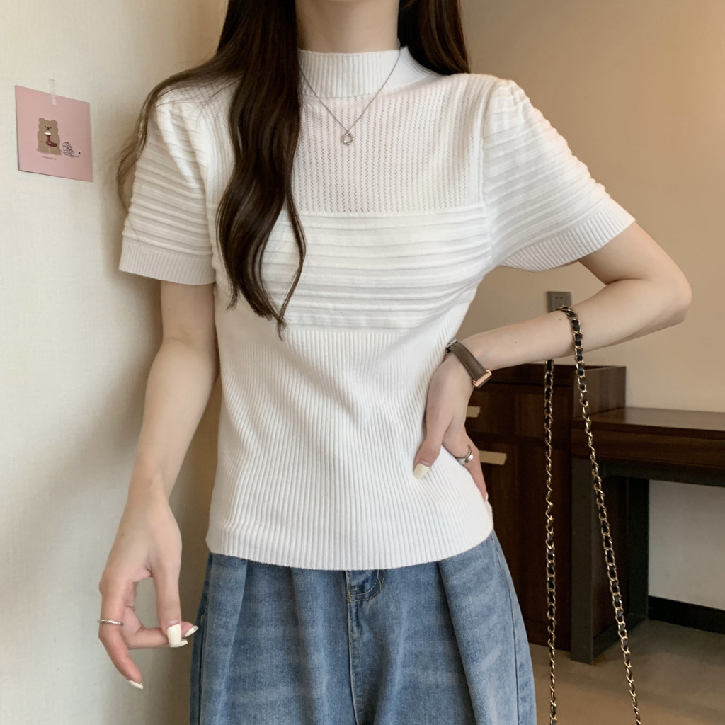 áo thun nữ form rộng kiểu bigsize tay ngắn croptop trung niên ôm trắng big size đẹp dáng hàn quốc sọc tay lỡ Áo thun ngắn tay bằng lụa băng nửa cổ cao dành cho nữ mùa hè 2023 Thiết kế tay phồng Niche Chic Slim-fit Slimmer Look Top