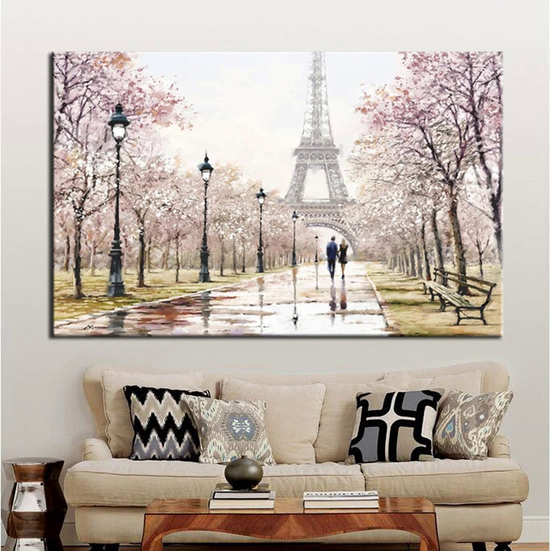 Thành Phố Những Người Yêu Đi Bộ Trên Đường Phố Paris Tháp Eiffel Phong Cảnh HD In Trừu Tượng Tranh C