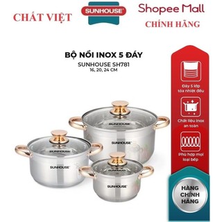 Bộ nồi inox 5 đáy sunhouse đáy từ sh781 16, 20, 24 cm
