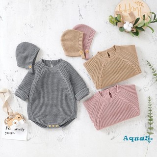 Bộ áo liền quần dệt kim tay dài cổ tròn màu trơn kèm mũ thời trang thu đông cho bé gái