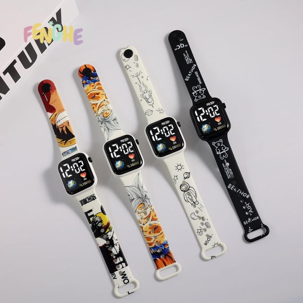 Đồng hồ LED FENGHE, Đồng hồ in hình hoạt hình Kitty điện tử, Dây đeo đồng hồ họa tiết Pikachu được cá nhân hóa Đồng hồ vuông cho trẻ em Thể dục