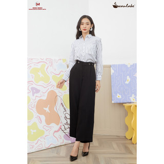 SWANLAKE | Quần Tây Chất Vải Lụa Bố Form Suông Có Túi Cạp Cao Nút Trang Trí - Q09930LW01