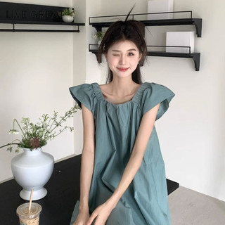 Live GREA Nữ Phong Cách Hàn Quốc Váy Bay Tay Màu Xanh Pháp Váy Dài Vừa Rộng Cao Cấp Váy Thích Hợp