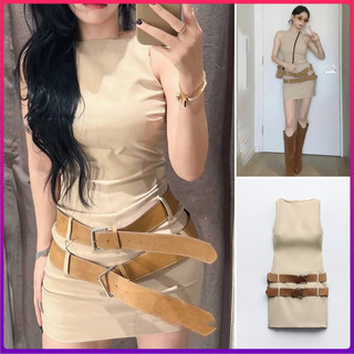   24 Mùa Xuân Phong Cách Mới Với Khóa Kim Loại Dây Đôi Trang Trí Cổ Tròn Không Tay Slim fit Đầm3152310