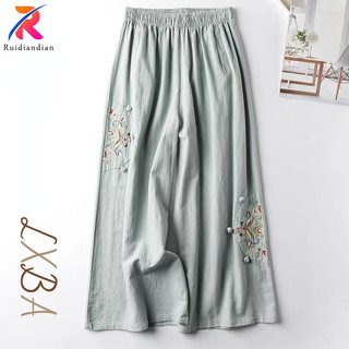 Ruidiandian Mùa Hè Cotton Vải Lanh Nữ Mỏng Phong Cách Dân Tộc Thêu Chân Rộng Phong Cách Đầy Đủ Mỏng Mắt Cá Chân Boot-L
