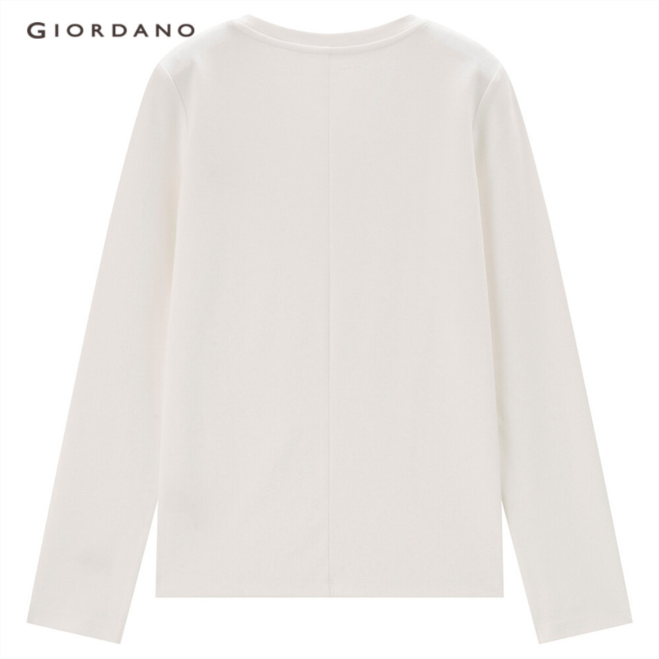Áo thun GIORDANO 05323803 dài tay thêu cổ tròn co giãn dành cho nữ