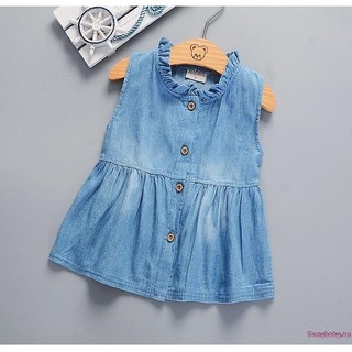 Bé gái mùa hè không tay đầm màu trơn ruffle cổ áo đơn denim một mảnh sundress