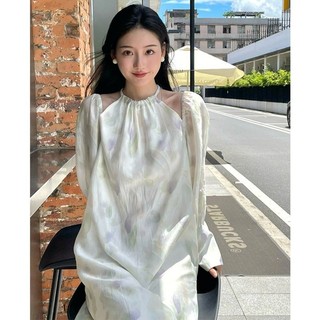 Pháp smudge in hình dây dài tay đầm nữ 2022 đầu thu phong cách mới nhẹ tính khí sang trọng dây rút váy dài không dây