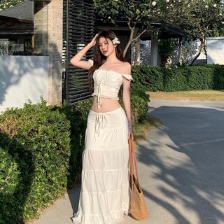 X xyzkuli Một Vai Hot Girl Ren Ren Áo yếm Bộ Đồ Nữ Mùa Hè Thấp Váy Dài Kỳ Nghỉ Hai @ -