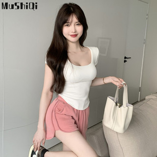 Áo thun nữ tay ngắn gợi cảm cổ vuông bó sát màu trắng vai ngắn tay áo mùa hè mới áo thun ngắn dáng ôm vừa vặn cổ chữ u đơn giản