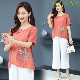Đầm Mùa Hè 2024 Mẹ Nửa Tay Áo Thun Cotton Vải Lanh Thêu Retro Phiên Bản Hàn Quốc Top Size Lớn Rời 40 Tuổi 50 Tuổi Phong Cách Trung Hoa Nữ Top
