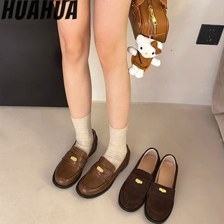 Huahua Giày da phong cách mới dành cho nữ giày lười có khóa kim loại đế phẳng