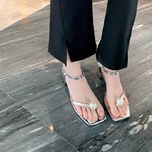 Size Lớn Khối Gót Sandal Nữ Mũi Vuông Ngọc Trai Flip-Toe Sandal