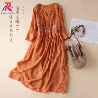 Ruidiandiandian nữ đơn giản và nghệ thuật dáng rộng váy mỏng mùa hè cotton màu trơn phong cách dân tộc 2024 mới khí chất nghệ thuật váy dài vừa phải