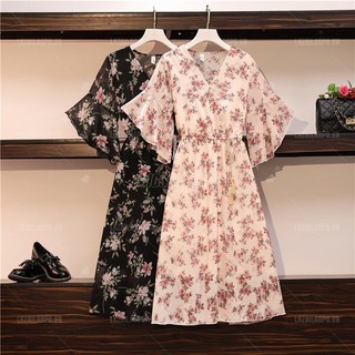 Đầm hoa nhí dáng suông Bigsize Váy nữ tay ngắn cổ chữ v thắt eo mùa hè Phong cách Hàn Quốc Thời Trang tiểu thư cá tính xinh đẹp cho người mập béo