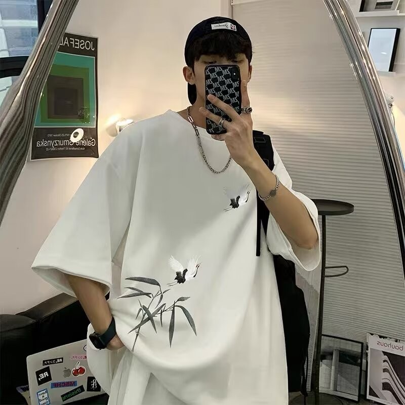 (30-130kg) M-8XL áo phông nam big size Cotton tay ngắn cỡ lớn Áo thun cỡ lớn kiểu Mỹ Retro Áo thun in hình cần cẩu bay chất lượng cao Áo thun nửa tay quá khổ Áo thun trẻ trung