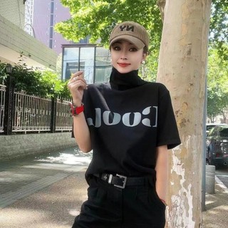 Áo thun nữ cổ cao in họa tiết cổ điển Oeggeo, áo thun dáng rộng và mỏng, áo thường ngày.