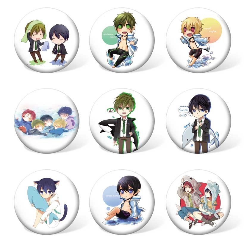 Huy hiệu thổ cẩm tròn Iwatobi Swim Club - Nhân vật Rin Matsuoka & Nanase Haruka, miễn phí 9 cái